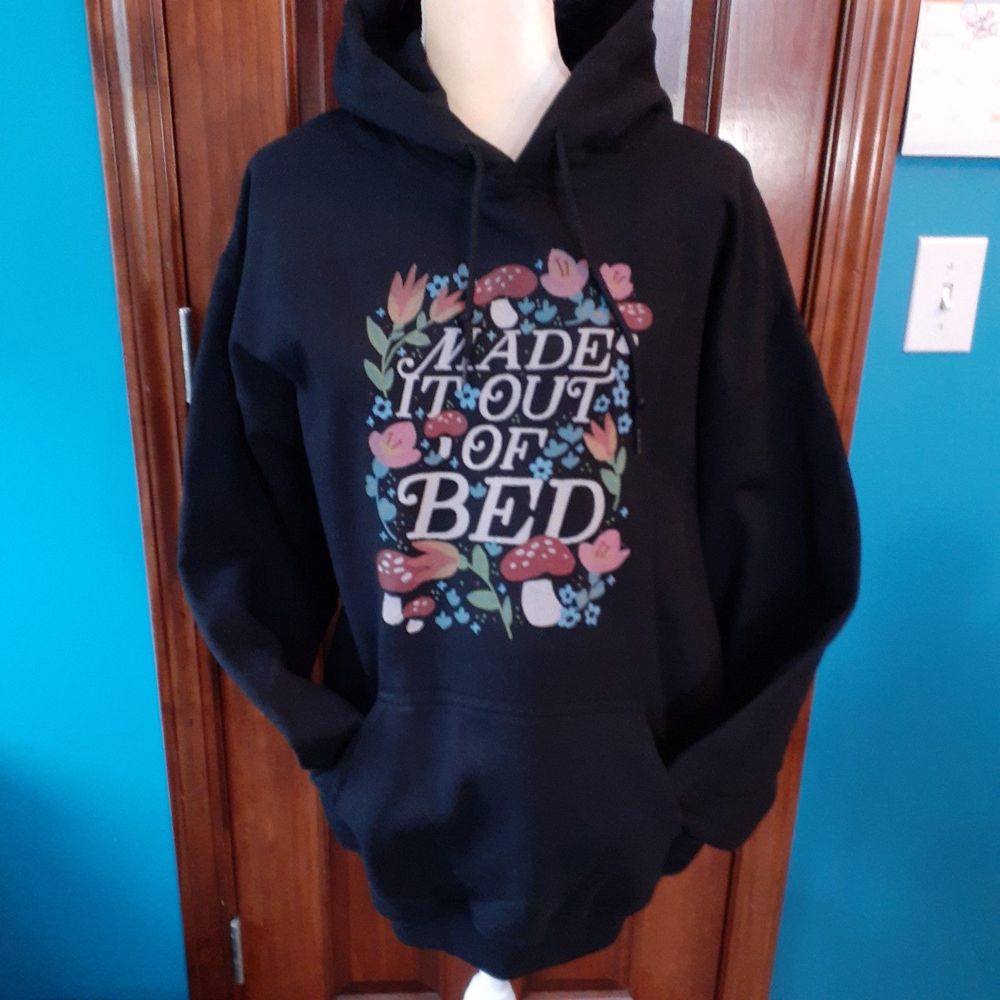 Made It Out Of Bed Mushroom Floral Design Unisex Black Hoodie - Size L